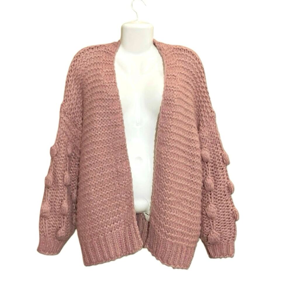 HYFVE Women's Wood Rose Bobble Sleeve Chunky Knit Open Cardigan Sweater Size M/L